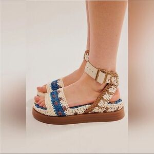 Free People Roma Raffia Platform Blue and Cream Sandals